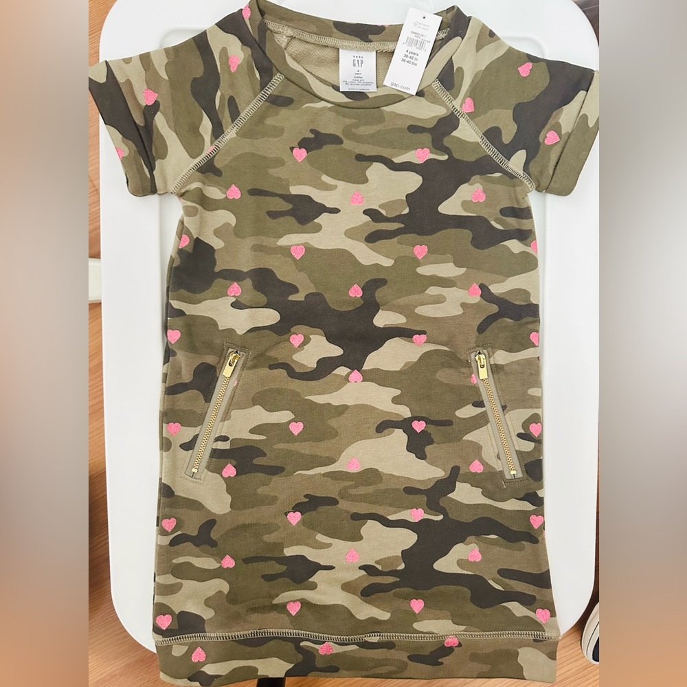 Camouflage Kids Dress with Pink Hearts